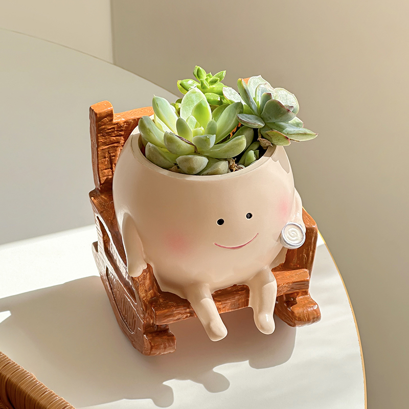 Echeveria Succulent - กระถางต้นไม้เรซิ่นรูปผีการ์ตูนน่ารักทันสมัย รูปทรงเก้าอี้โยก สำหรับตกแต่งบ้าน สำนักงาน โต๊ะทำงาน ไอเดียของขวัญ
